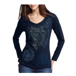 Hanes Women's Long Sleeve V-Neck T-Shirt,Size L/G Color: Blue with Graphic (nwt)